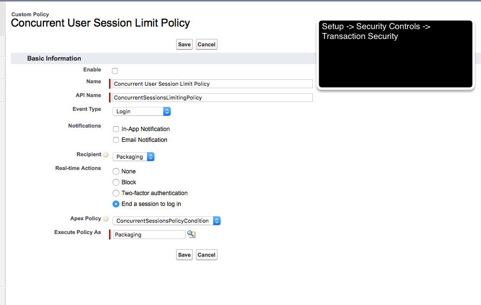 Screen shot of the Concurrent User Session Limit Policy settings