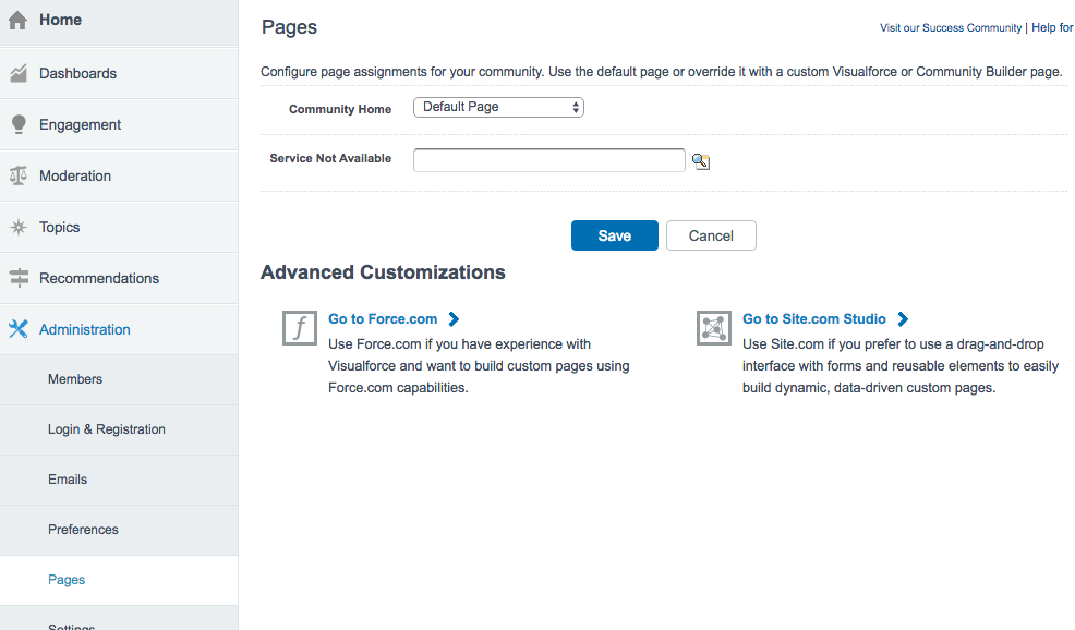 Screenshot of Administration -> Pages page